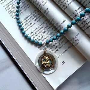 Vintage Koala Bear Button Necklace with Turquoise Beads and Crystal Beads. Perfe